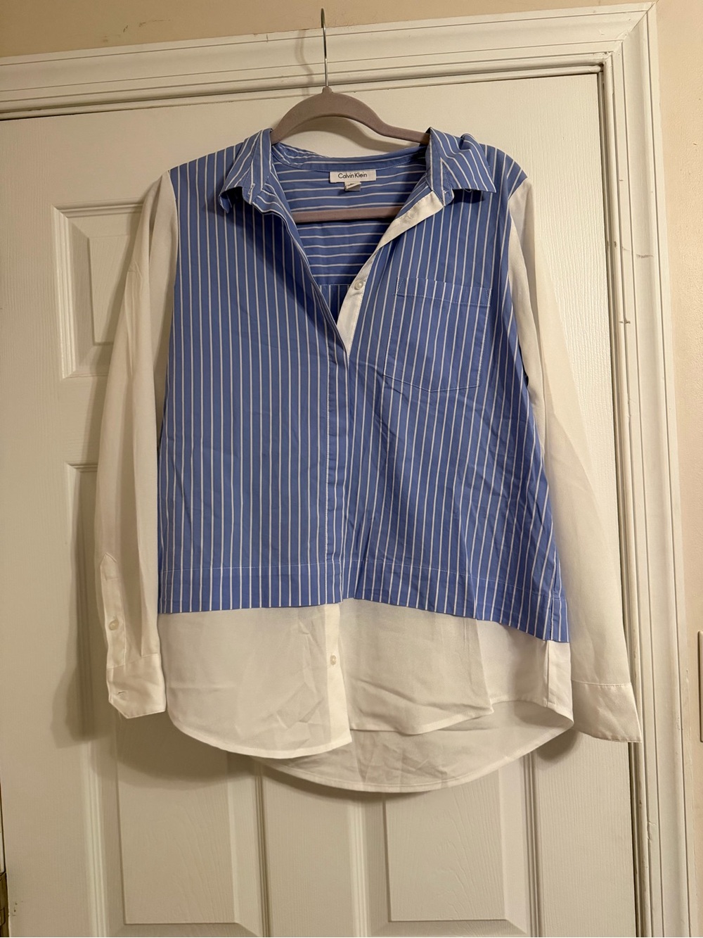 Calvin Klein Blue and White Striped Mixed-Media Button Shirt